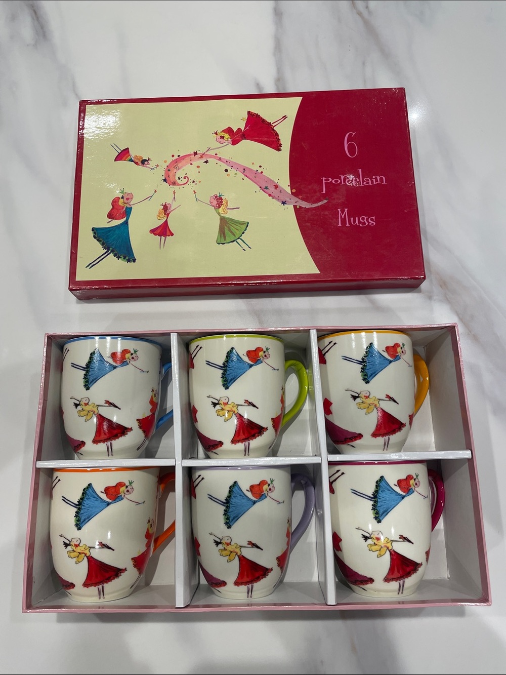 Classic Coffee & Tea Porcelain 6-Piece Multicolor Handle Mugs Set